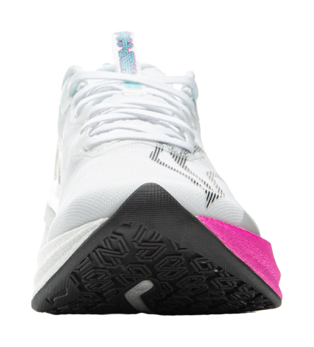 White running shoe with black outsole tread and pink side accent panel