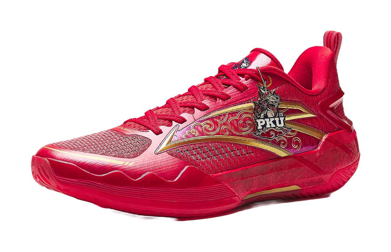 Red basketball shoe with gold-and-purple logo panel, lace-up mesh upper.