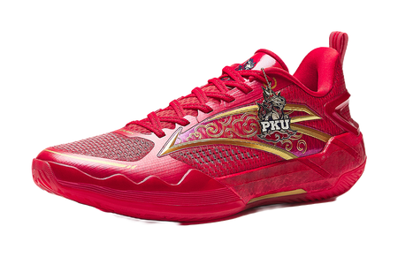 Red basketball shoe with gold-and-purple logo panel, lace-up mesh upper.