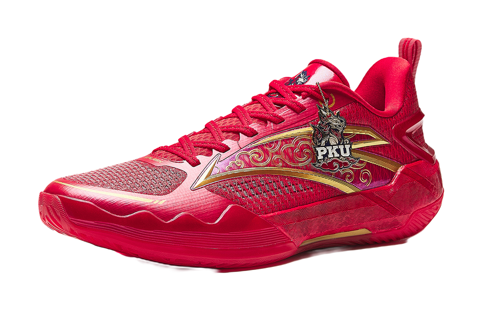 Red basketball shoe with gold-and-purple logo panel, lace-up mesh upper.