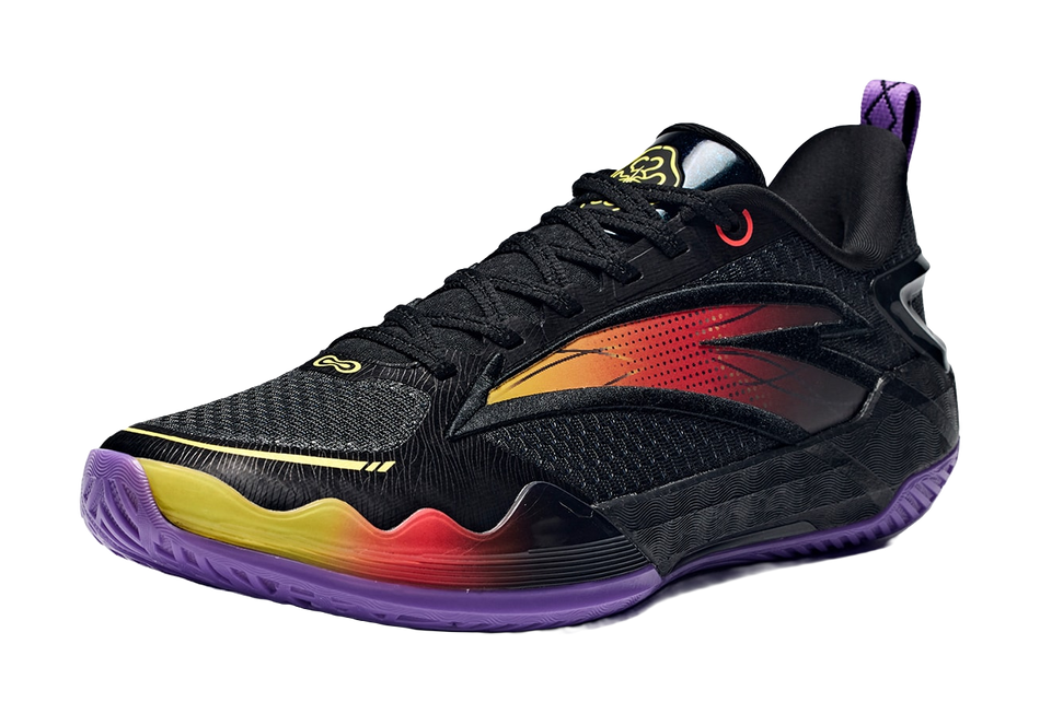 Men's low-top basketball shoes in black with orange stripe, yellow details, and purple sole.