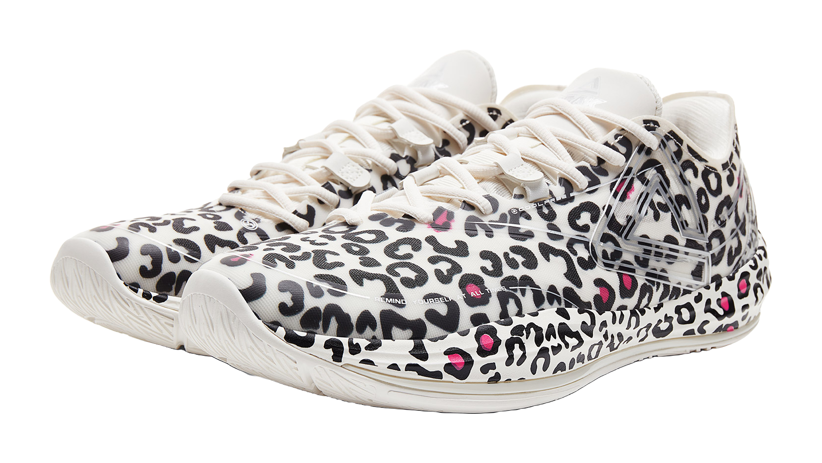 Lightweight basketball shoe, white upper with black leopard print and pink details, front view