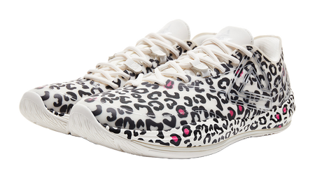 Lightweight basketball shoe, white upper with black leopard print and pink details, front view
