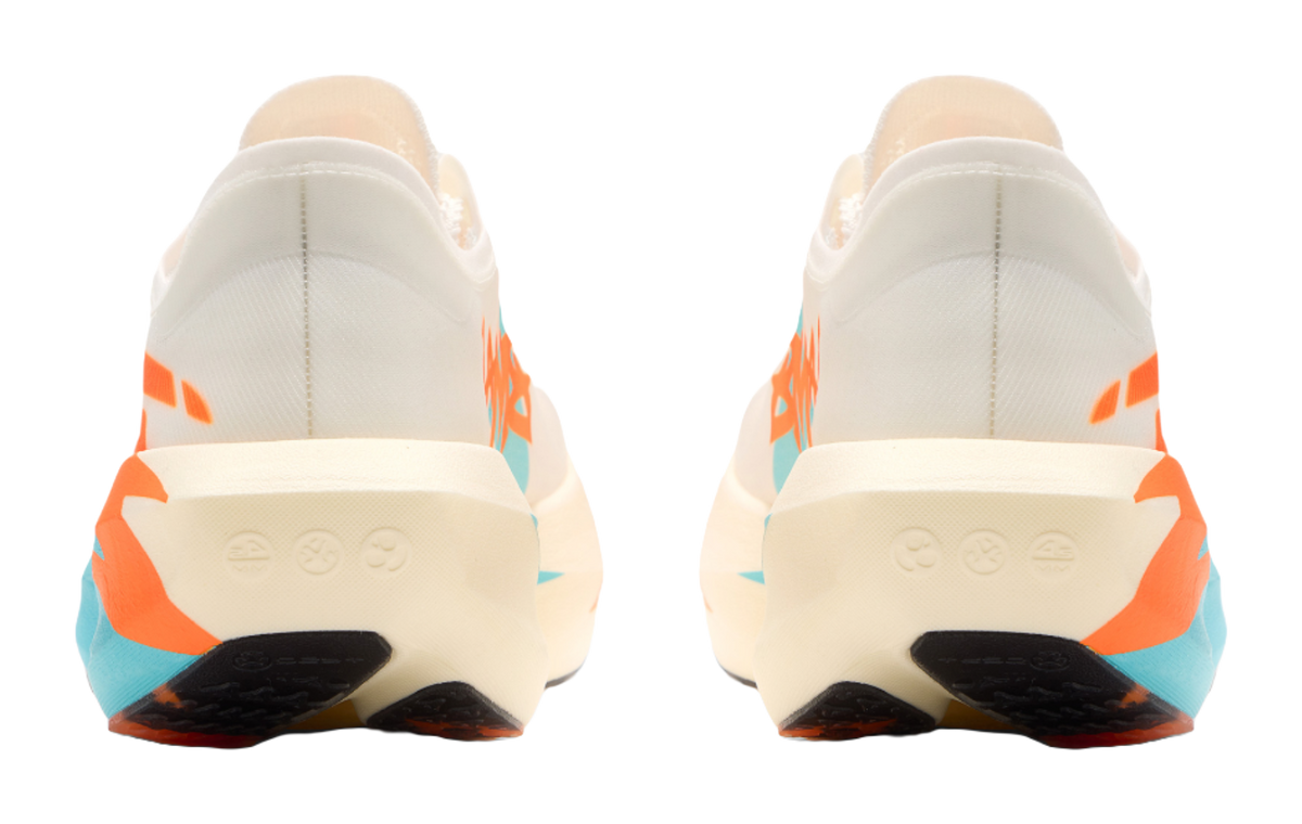 Pair of men's low-top running shoes, heel view with orange and teal side accents