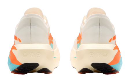 Pair of men's low-top running shoes, heel view with orange and teal side accents