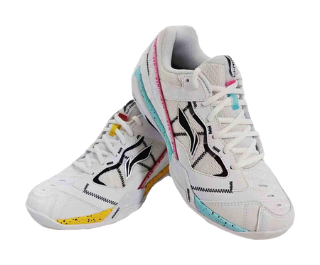 Men's white badminton shoe pair with black panels, teal sole edge, pink trim