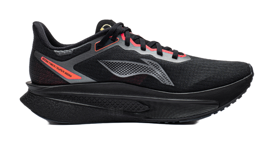 Unisex carbon plate running shoe, black upper with red laces and side logo detail.