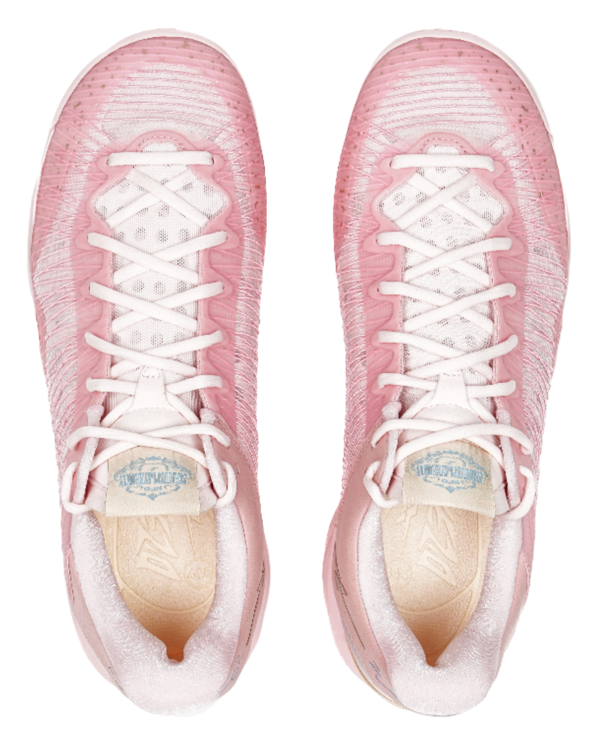 Pink basketball shoes front view with white laces and cushioned toe cap