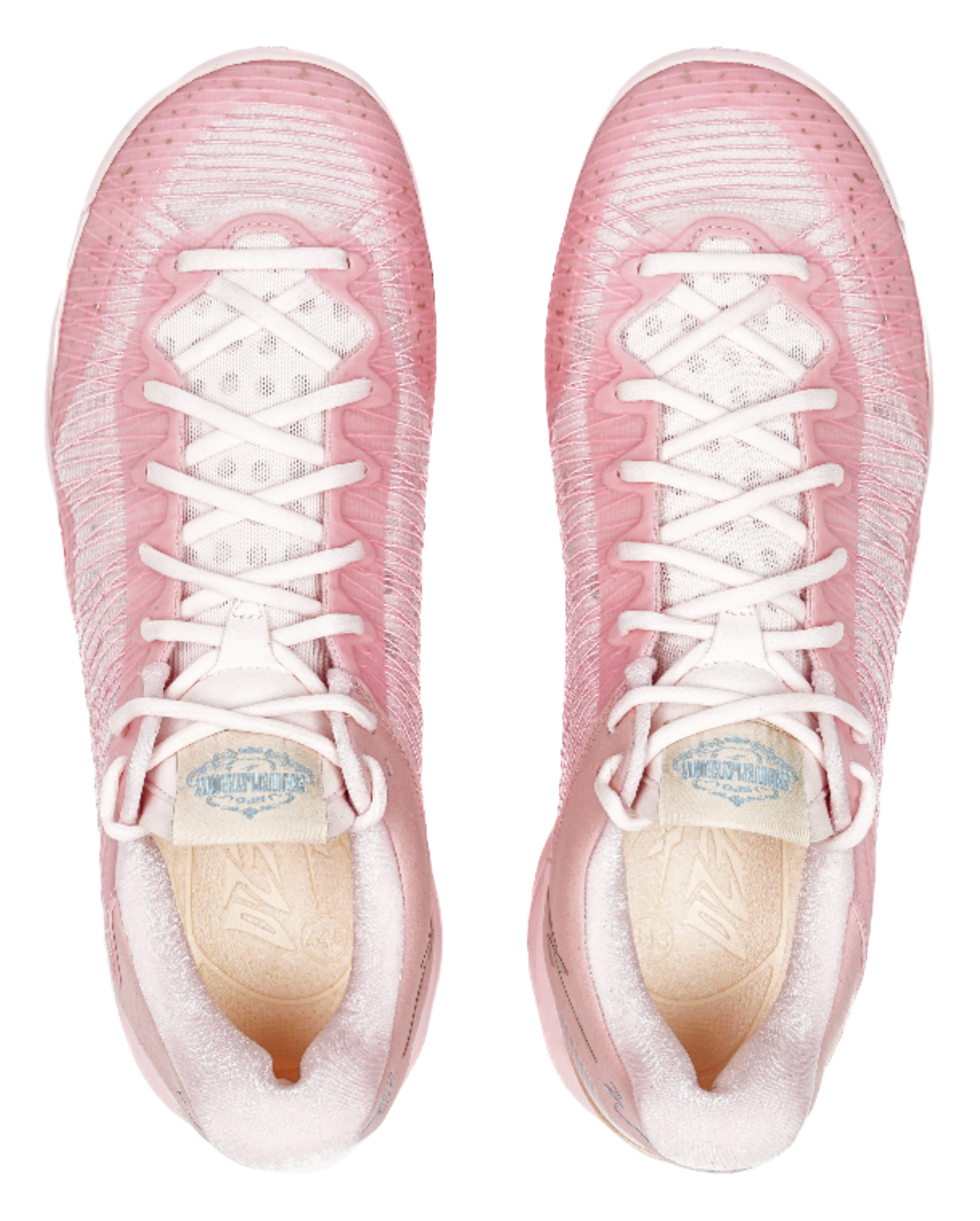 Pink basketball shoes front view with white laces and cushioned toe cap