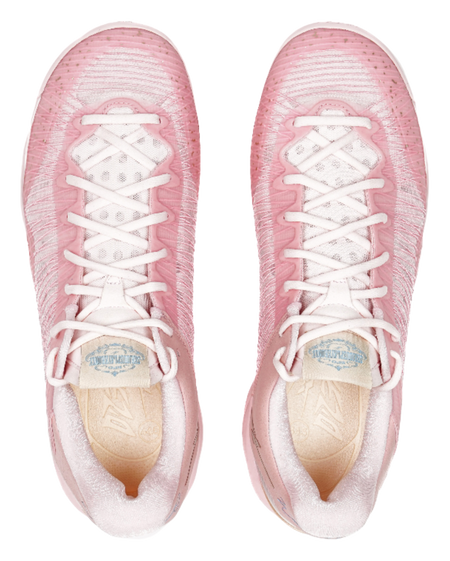 Pink basketball shoes front view with white laces and cushioned toe cap