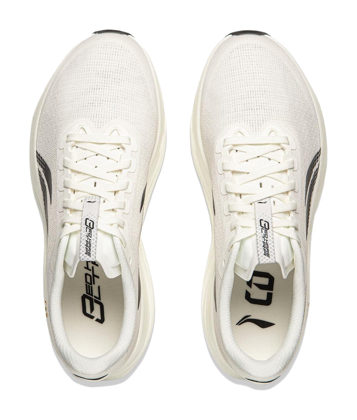 Champagne white running shoe pair with lace-up front and black heel logo