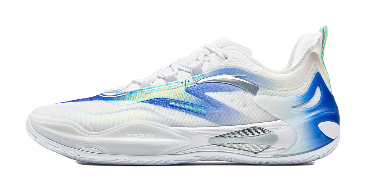 White and blue basketball shoe with low-cut lace-up design, side detail