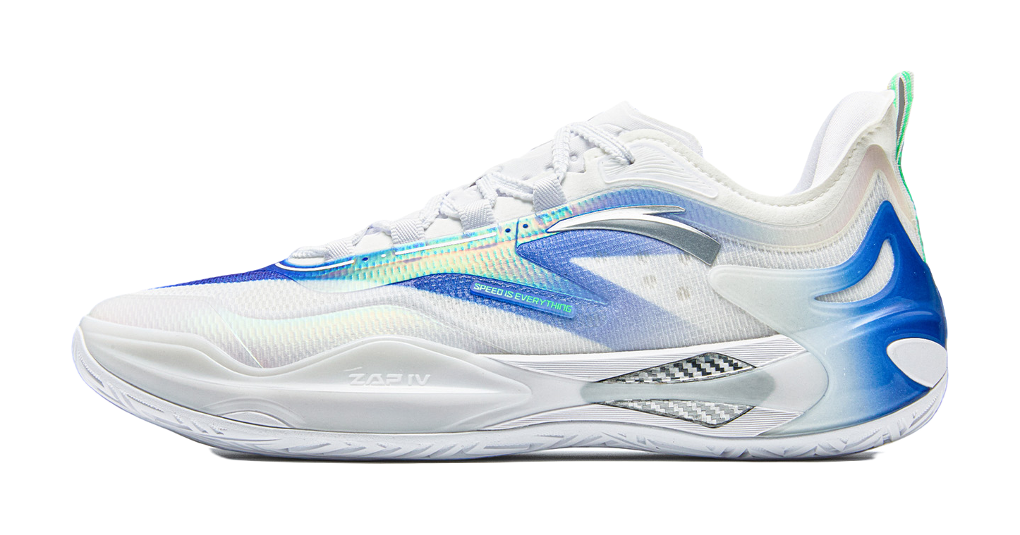 White and blue basketball shoe with low-cut lace-up design, side detail