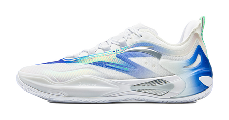 White and blue basketball shoe with low-cut lace-up design, side detail