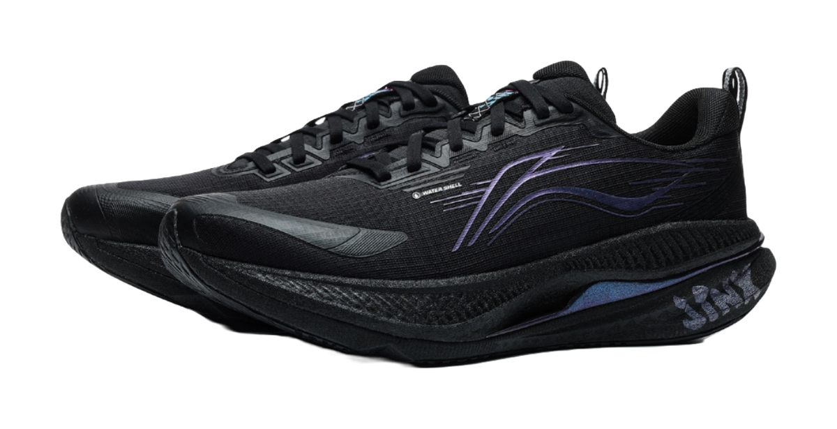 Men's low-top running shoes in black with blue and purple graphics on side