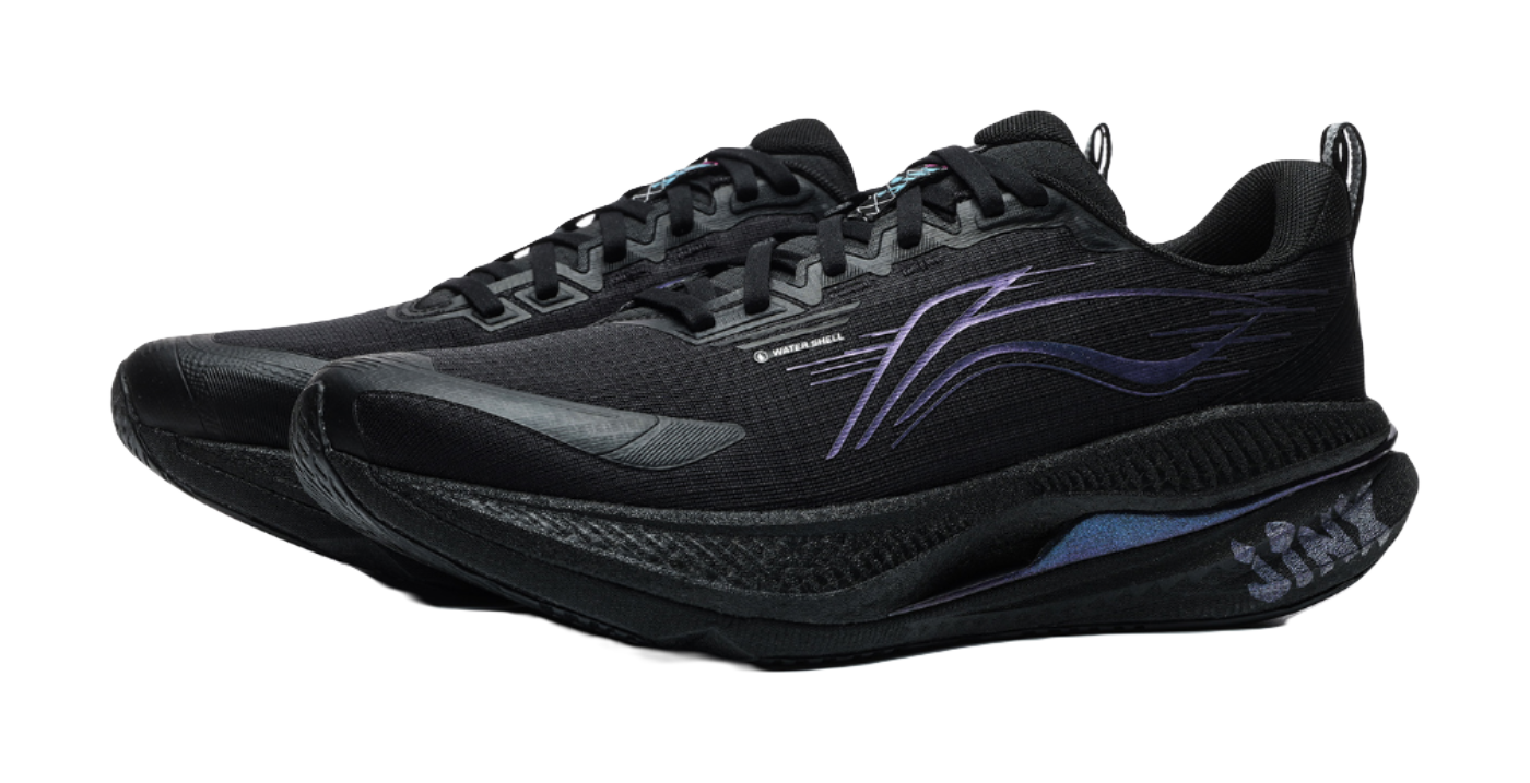 Men's low-top running shoes in black with blue and purple graphics on side