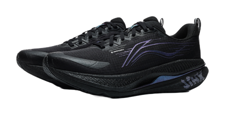 Men's low-top running shoes in black with blue and purple graphics on side