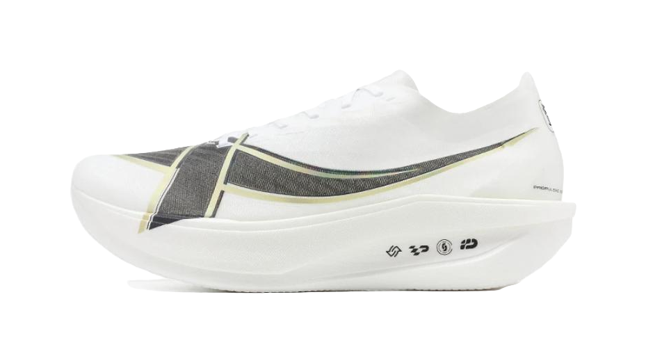 Unisex white racing running shoe with black and gold accents