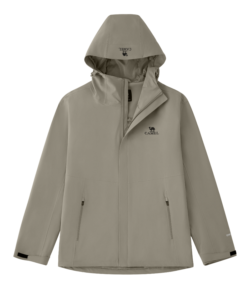 Unisex gray hooded windbreaker jacket with front zipper and side pockets