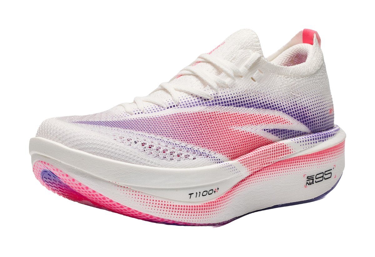ANTA women's low-top running shoe, front 3/4 view; white upper with purple-red stripes
