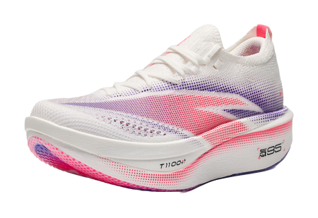 ANTA women's low-top running shoe, front 3/4 view; white upper with purple-red stripes