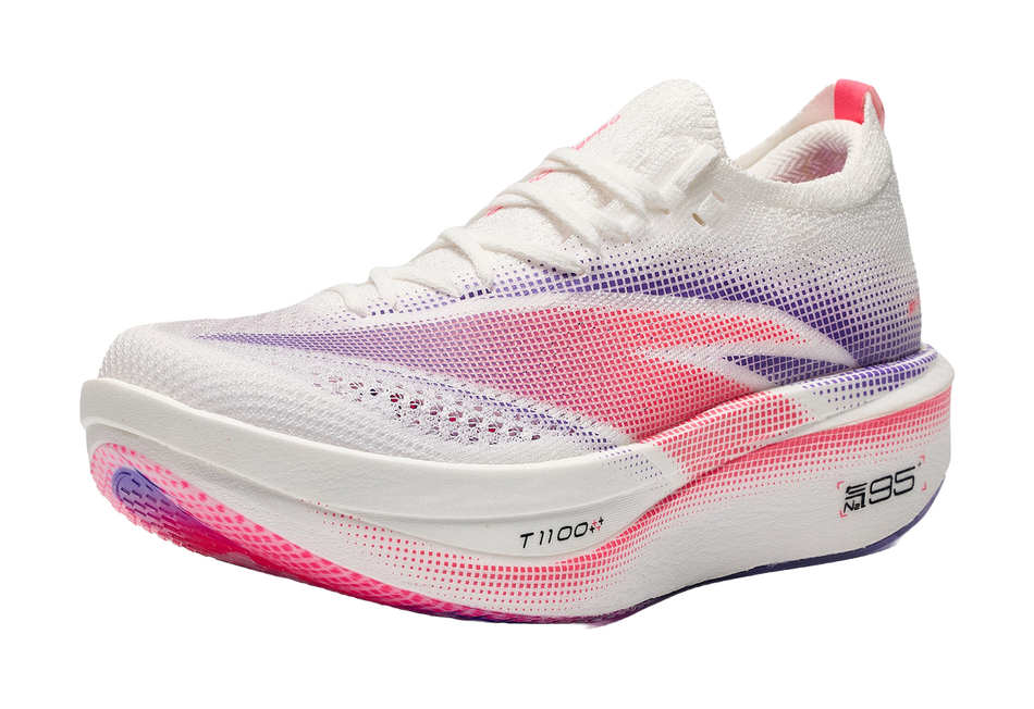 ANTA women's low-top running shoe, front 3/4 view; white upper with purple-red stripes