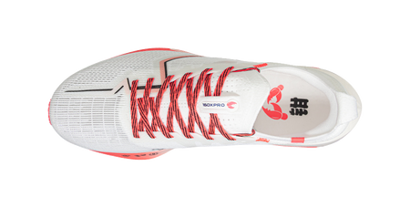 White lace-up marathon racing shoe with red striped laces and interior logo