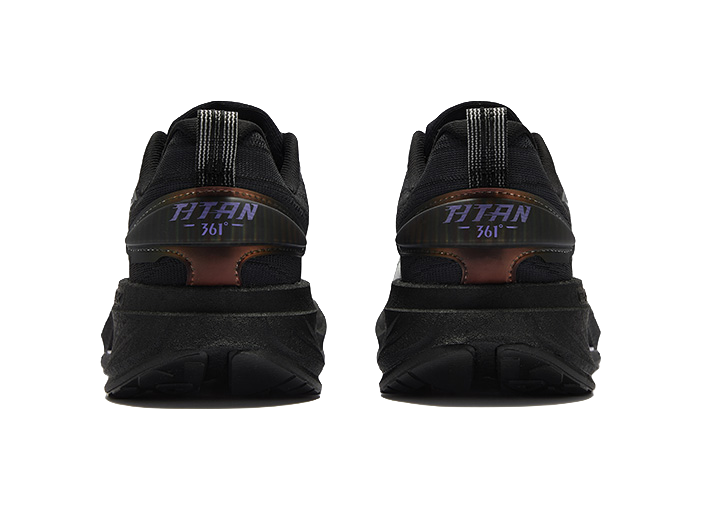 Men's low-top running shoes back view, black heel with gray uppers, lace-up