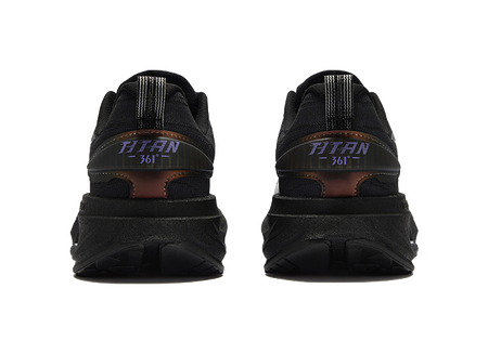 Men's low-top running shoes back view, black heel with gray uppers, lace-up
