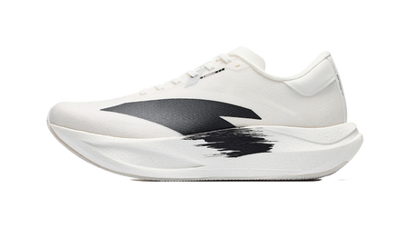 Men's low-top running shoes, white upper with black side stripe and cushioned sole