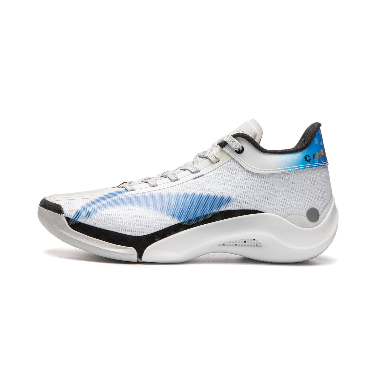 White basketball shoe with black accents and blue heel side stripe