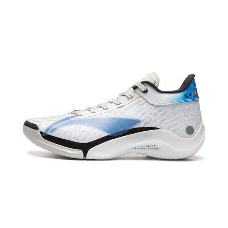 White basketball shoe with black accents and blue heel side stripe