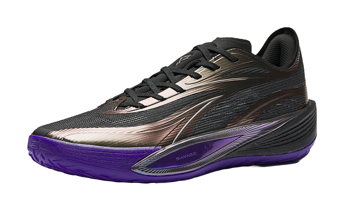 Black basketball shoe with metallic bronze stripe, purple outsole, lace-up