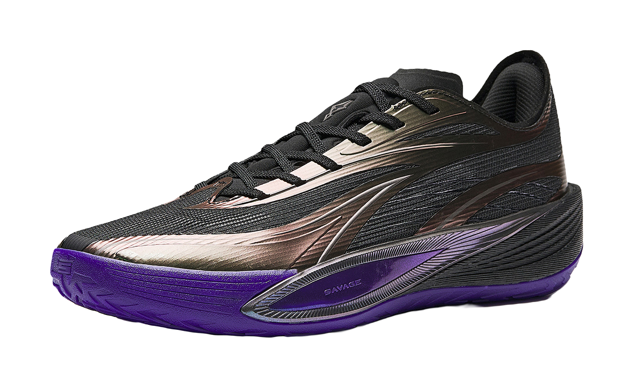 Black basketball shoe with metallic bronze stripe, purple outsole, lace-up