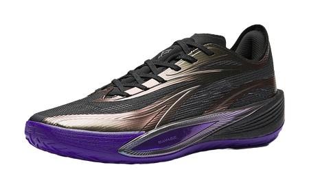 Black basketball shoe with metallic bronze stripe, purple outsole, lace-up