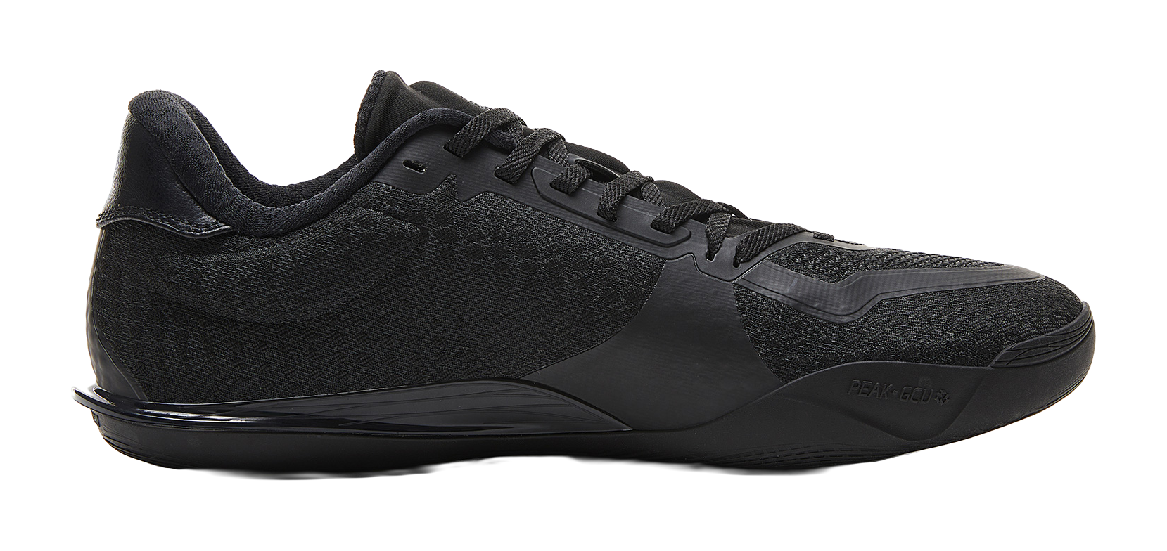Black lace-up basketball shoe, smooth side panel and embossed logo