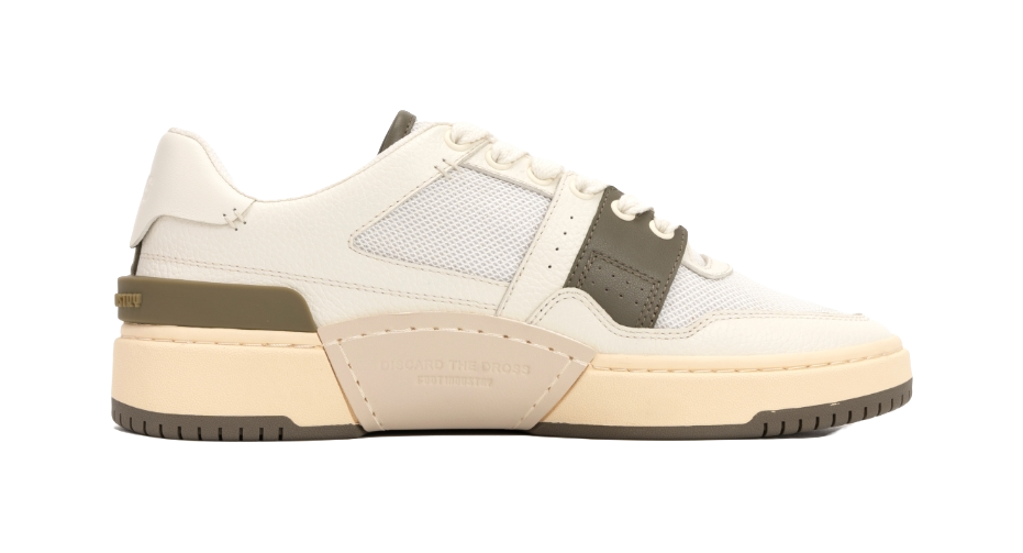 Ecru low-top sneakers with lace-up front, mesh panels, and olive side stripes