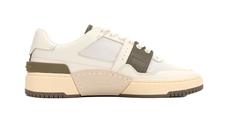 Ecru low-top sneakers with lace-up front, mesh panels, and olive side stripes