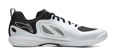 Table tennis shoe in white with black panels, lace-up front, and curved sole