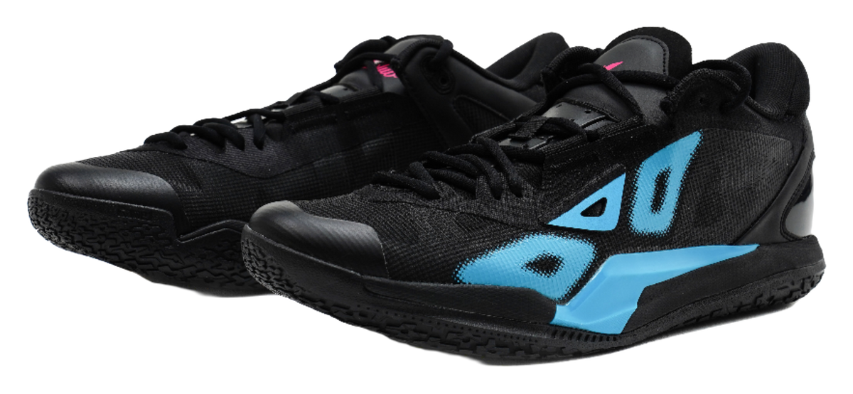 Low-top basketball shoes in black with blue graphics and pink accents, lace-up.