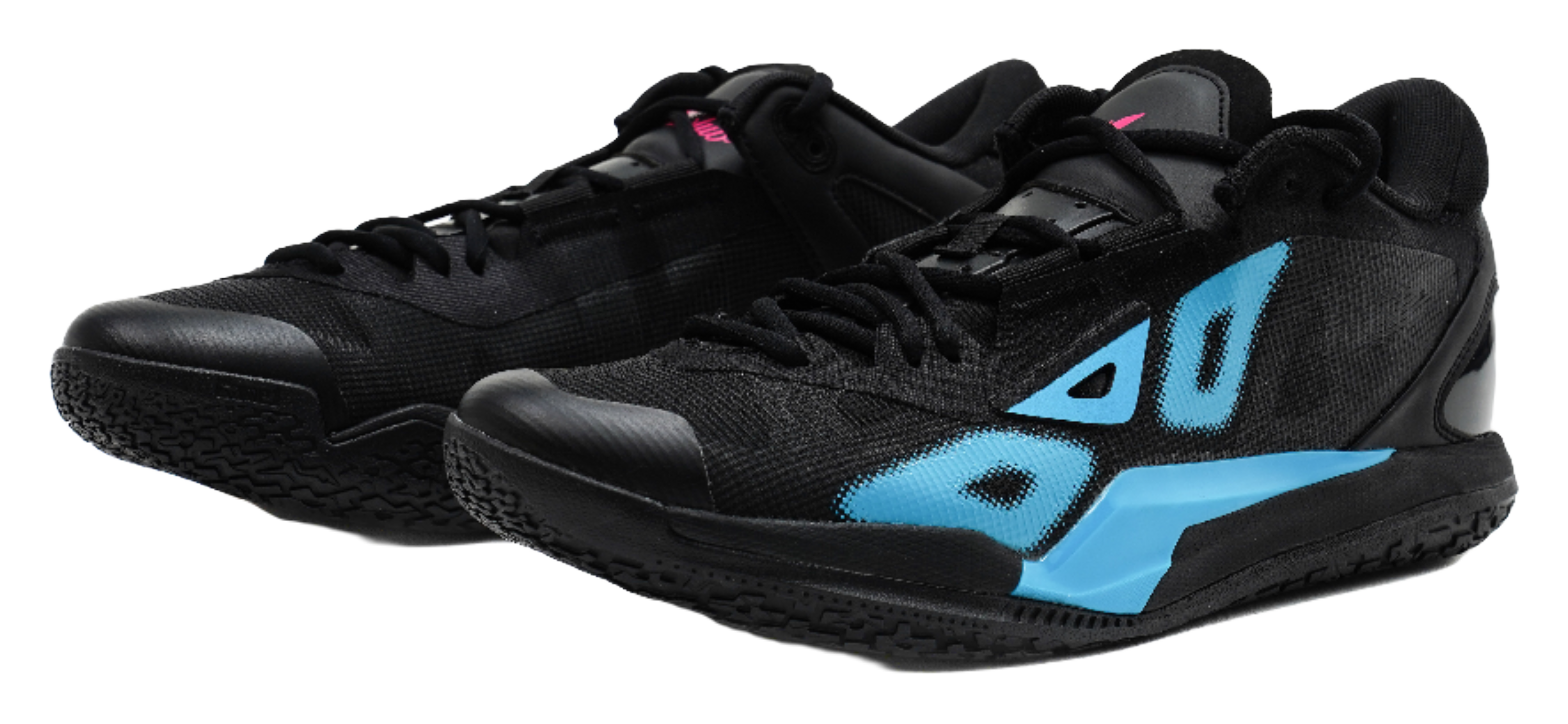 Low-top basketball shoes in black with blue graphics and pink accents, lace-up.