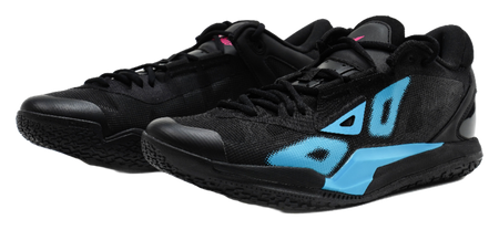 Low-top basketball shoes in black with blue graphics and pink accents, lace-up.