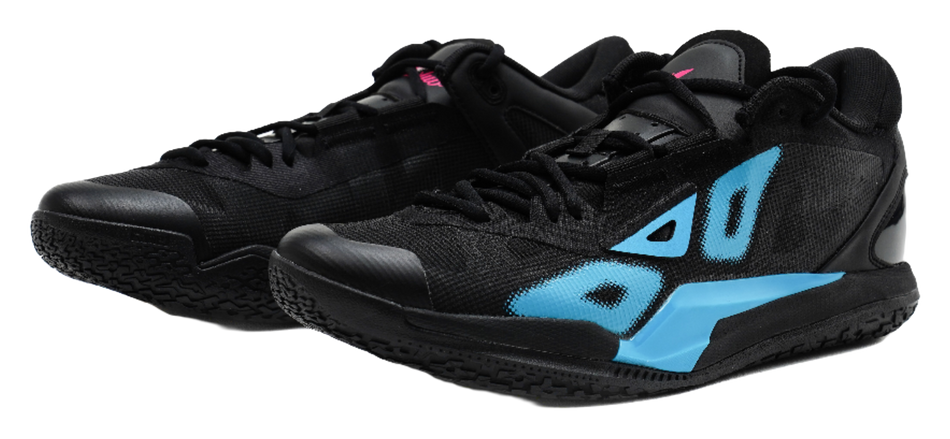 Low-top basketball shoes in black with blue graphics and pink accents, lace-up.