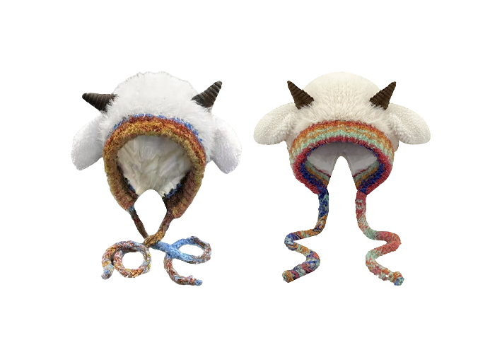 [Little Sheep Horn] IOTS will squeak when pinching the ears! Warm autumn and winter, soft and cute rainbow, dopamine cooling and windproof drawstring, double-layer cute and warm cartoon, niche polyester fiber woolen hat, unisex, couple style  vjsneaker.com