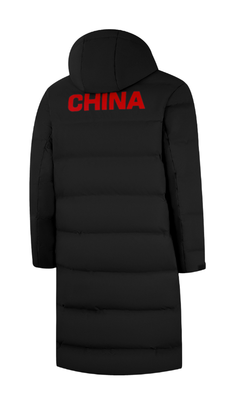 Li-Ning black hooded down coat, back hood with CHINA print