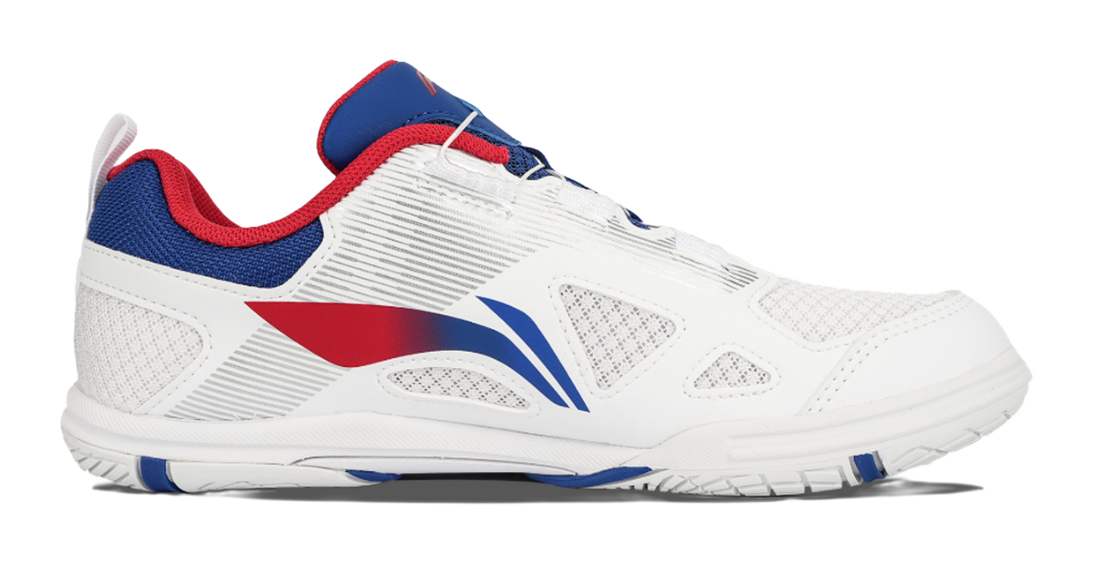 Table tennis shoe in white with blue and red diagonal design on the side
