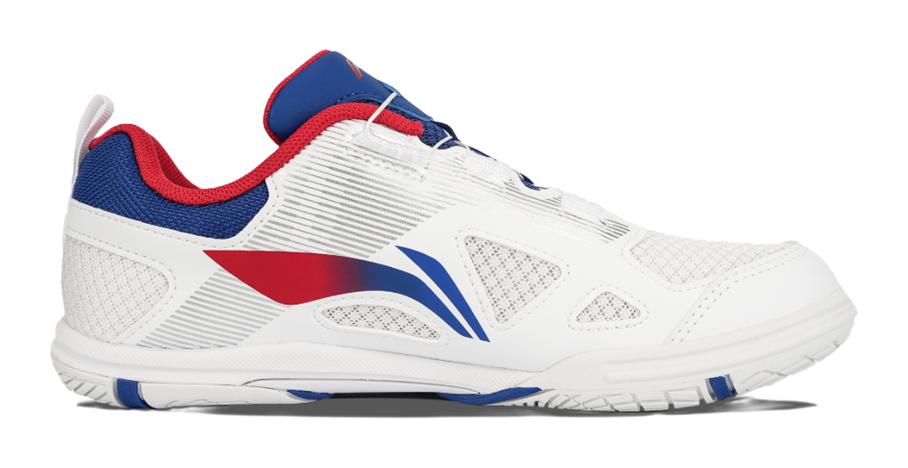 Table tennis shoe in white with blue and red diagonal design on the side
