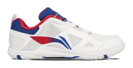 Table tennis shoe in white with blue and red diagonal design on the side