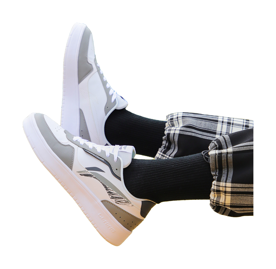 LiNing Duda Men's Low-Top Skateboard Shoes - Casual White Sneakers with Height Increase & Slip Resistance White Gray 