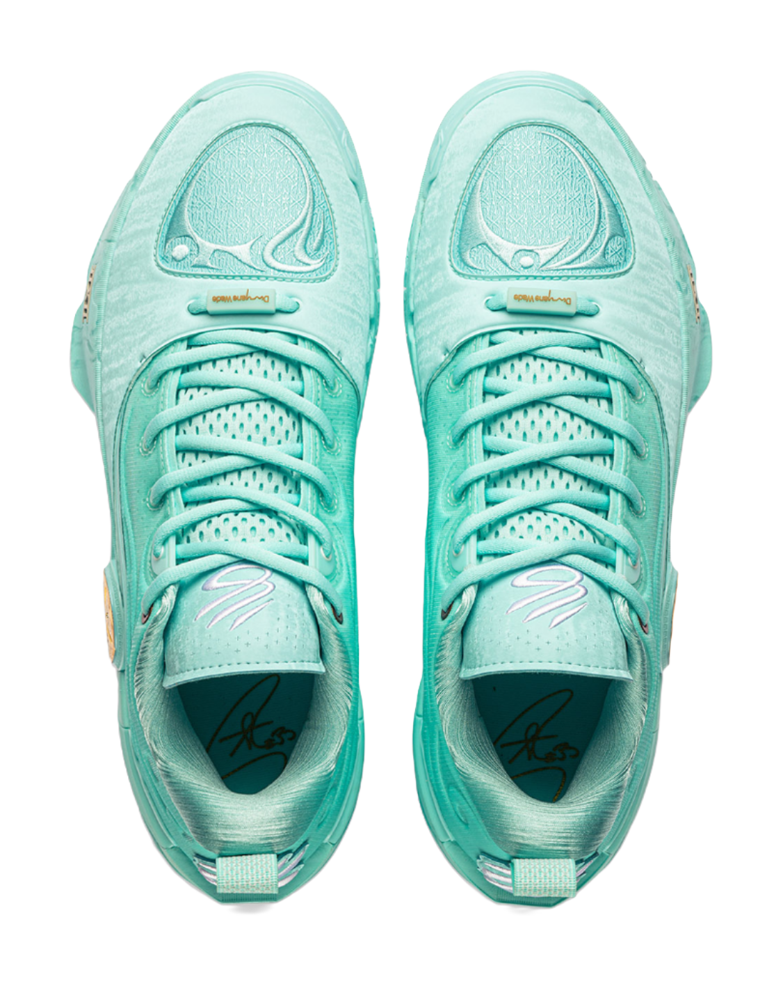 Men's light teal basketball shoes, top view of tongue and lace-up front